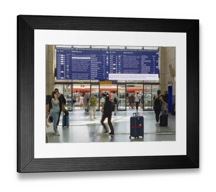 Framed Print : Mannheim main station, interior view with people and display board