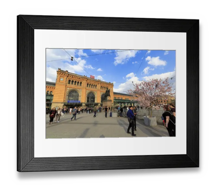 Framed Print : Crowd on station forecourt, Hanover main station in neo-renaissance style