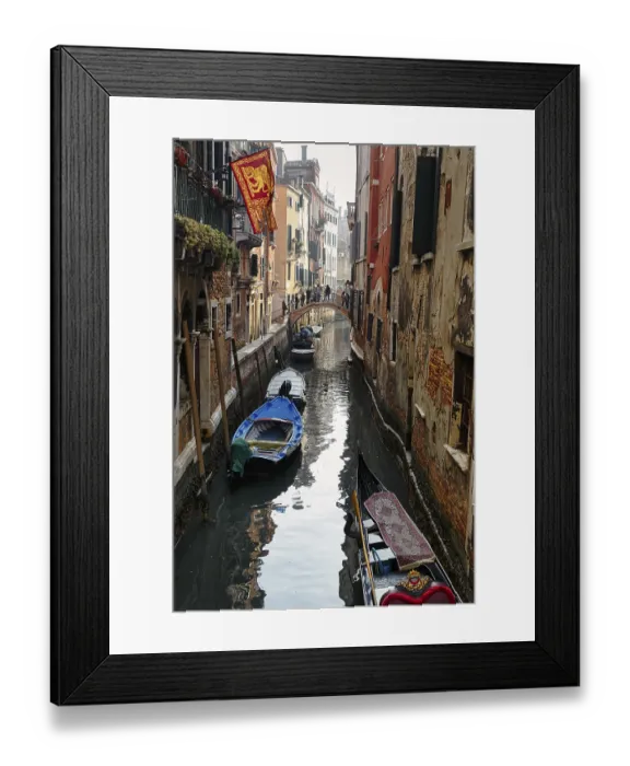 Framed Print : Strollers on a small bridge, boats on a canal Framed Print : Strollers on a small bridge, boats on a canal
