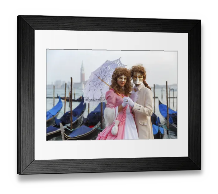 Framed Print : Dressed up couple, posing with masks and parasol Framed Print : Dressed up couple, posing with masks and parasol