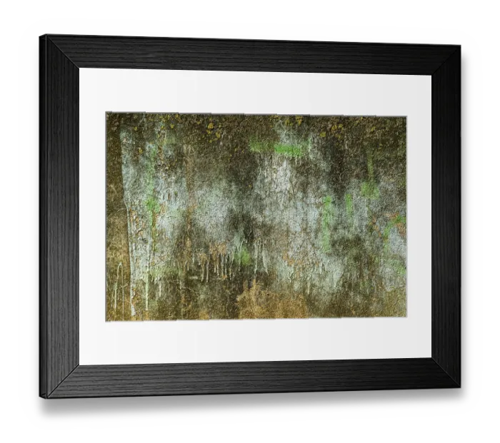 Framed Print : A textured wall displays layers of peeling blue and brown paint