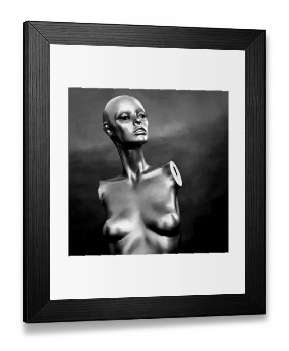 Framed Print : A reflective mannequin stands in a striking pose within a studio