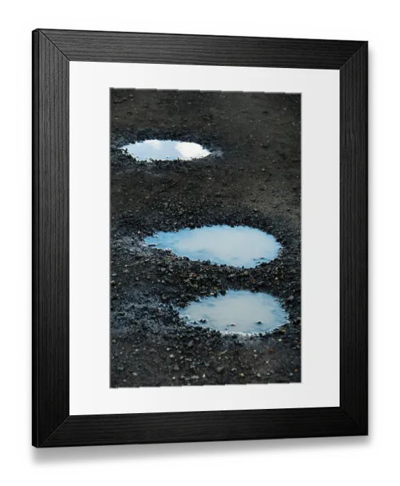 Framed Print : Three puddles on a gravel path mirror the overcast sky