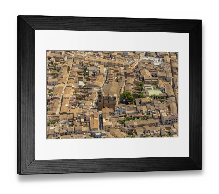 Framed Print : Aerial view of Campos and catholic church Esglesia de Sant Julia