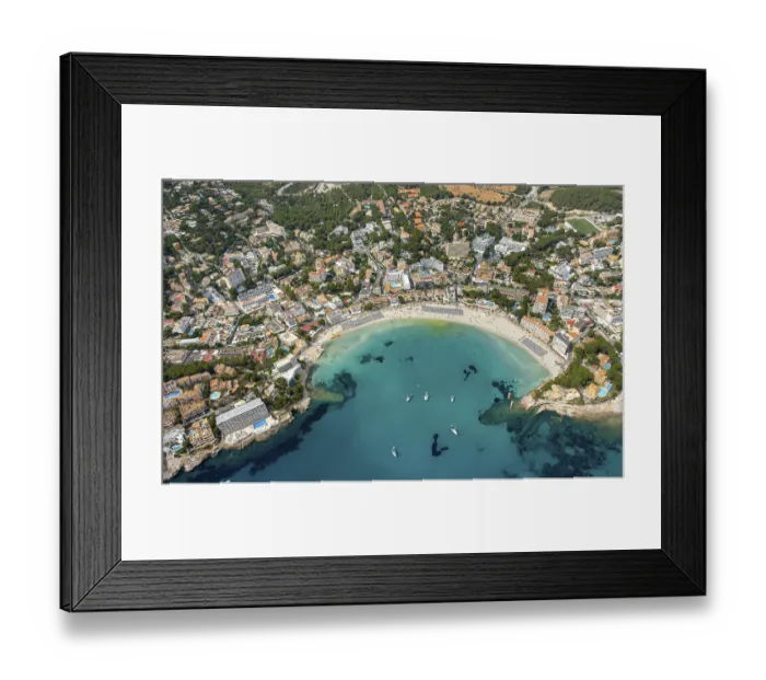Framed Print : Aerial view, beach life with sun loungers and parasols