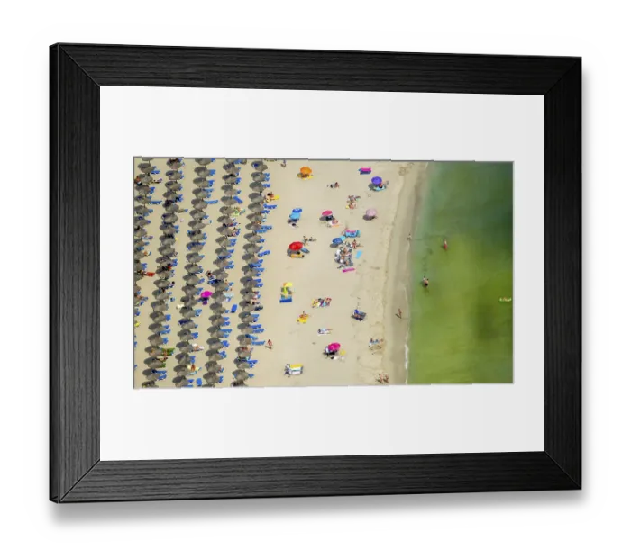 Framed Print : Aerial view, beach life with sun loungers and parasols