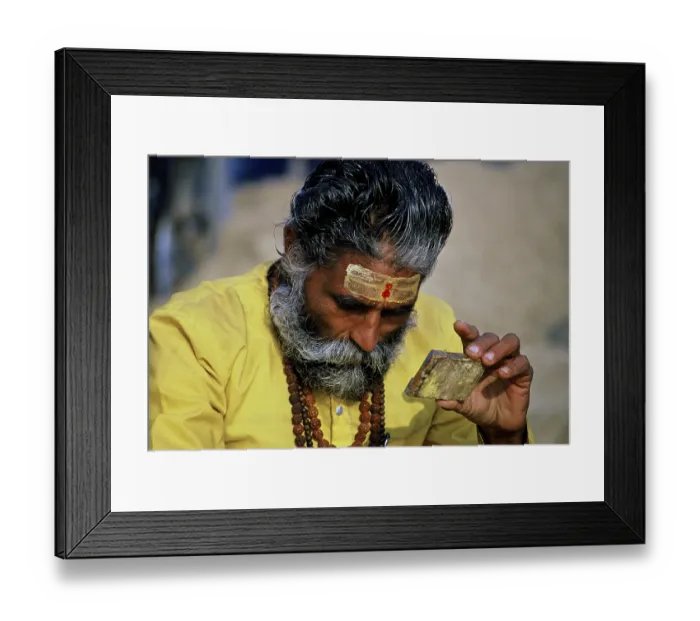 Framed Print : Sadhu, saint, looking in mirror Framed Print : Sadhu, saint, looking in mirror