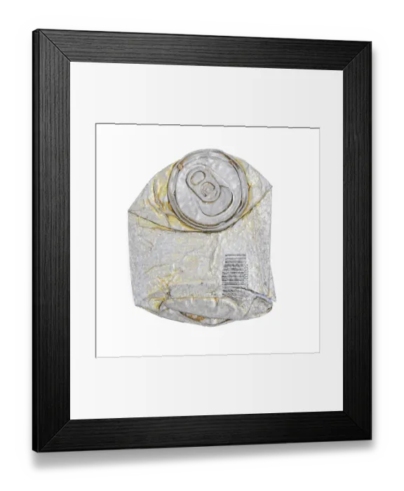 Framed Print : A crumpled aluminum can lies on a clean