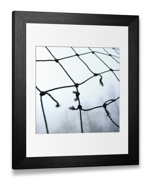 Framed Print : A close-up view of worn netting with frayed edges
