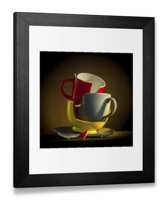 Framed Print : A collection of broken tableware is displayed