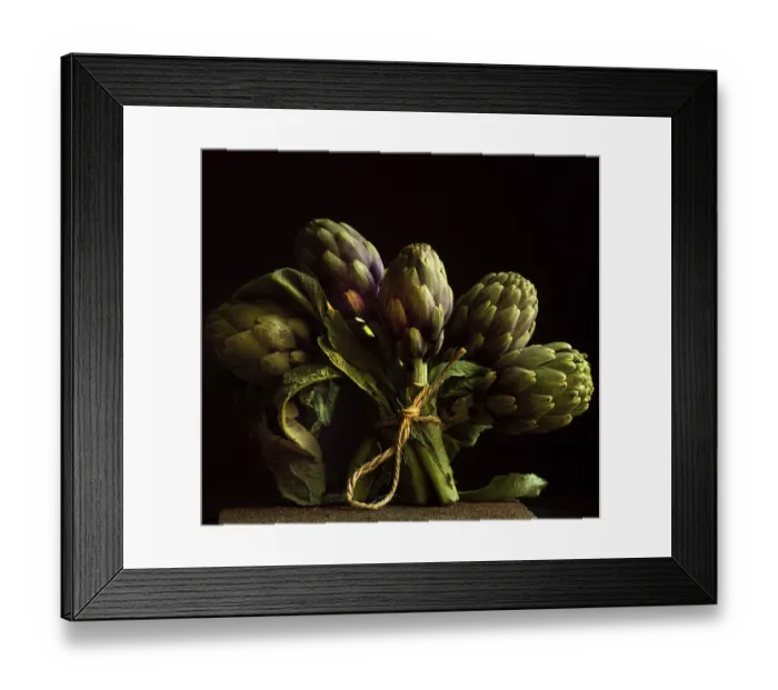 Framed Print : Five artichokes are artistically bundled with twine