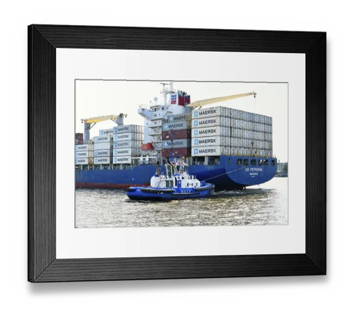 Framed Print : Container ship with stacked containers in the port of Hamburg