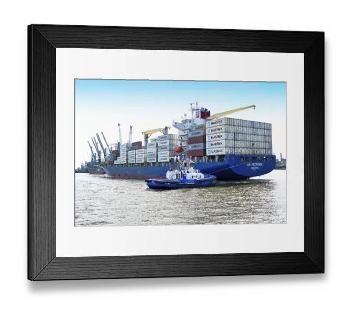 Framed Print : Container ship with stacked containers in the port of Hamburg Framed Print : Container ship with stacked containers in the port of Hamburg