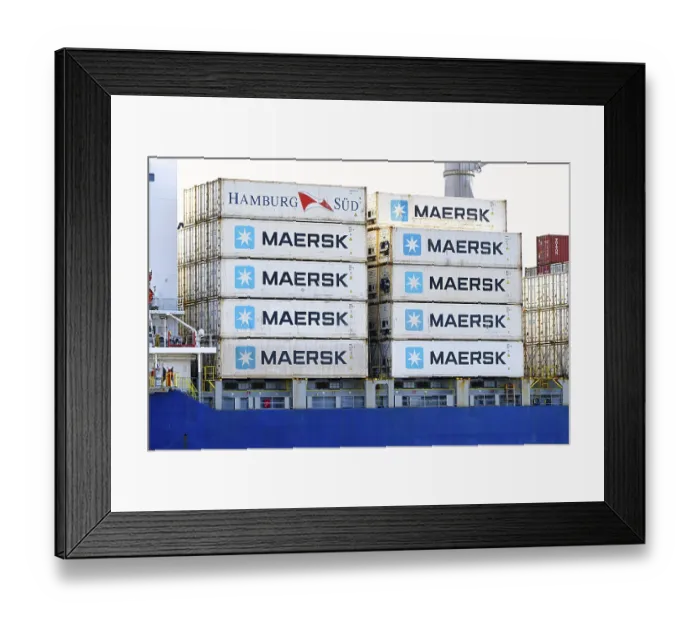 Framed Print : Container ship with stacked containers in the port of Hamburg
