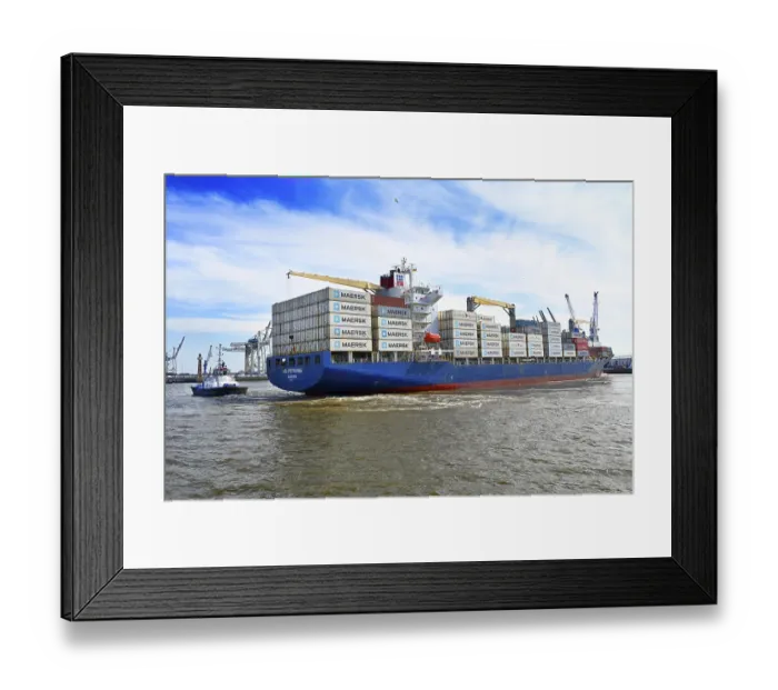 Framed Print : Container ship with stacked containers in the port of Hamburg