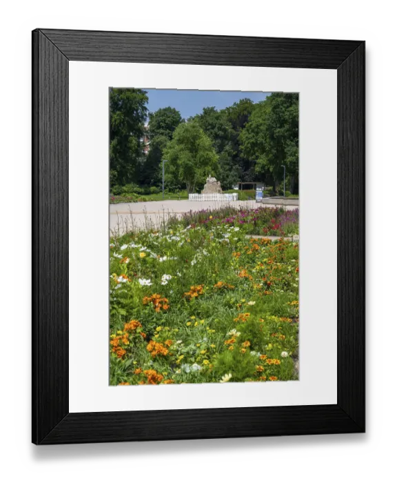 Framed Print : Flower bed and sand sculpture, Kaiser-Karls-Park