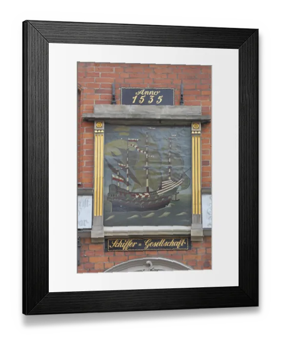 Framed Print : Painting with sailing ship and year at the entrance to the Schiffergesellschaft restaurant