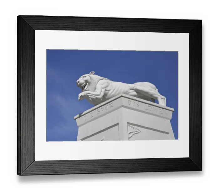 Framed Print : White Lion Monument by Peter Lenk 1996 with inscription Die Spur des Lowen