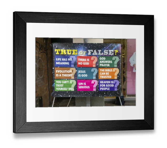Framed Print : OAC Evangelists religious poster of questions about Christianity and God