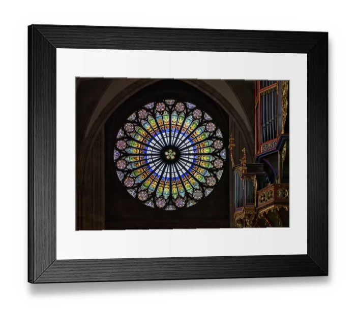 Framed Print : Interior view, large rose window on the west facade and nave organ by Andreas Silbermann