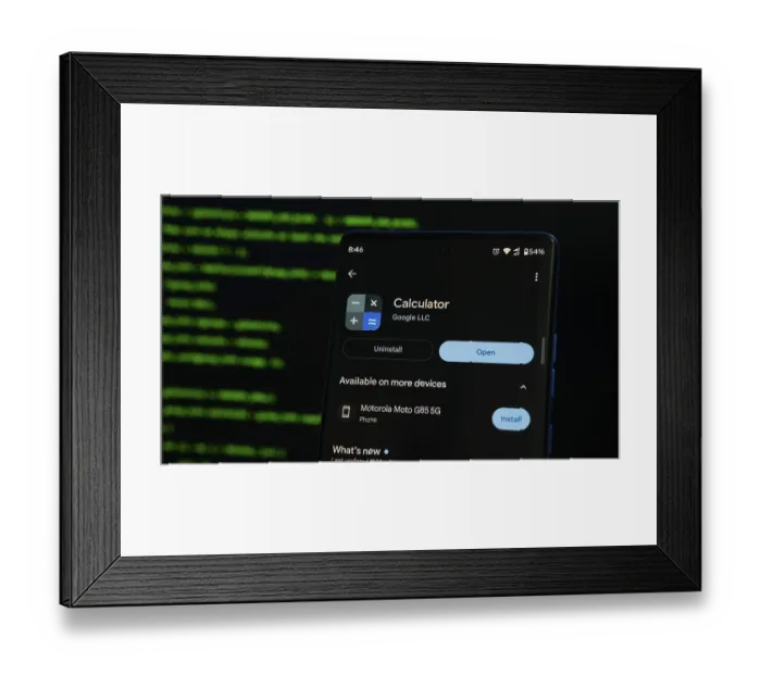Framed Print : Google Calculator app shown on a smartphone screen in dark mode Framed Print : Google Calculator app shown on a smartphone screen in dark mode