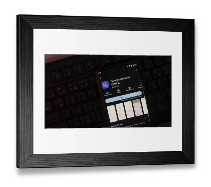 Framed Print : Smartphone showing Compose Material Catalog app with a red-toned backlit keyboard
