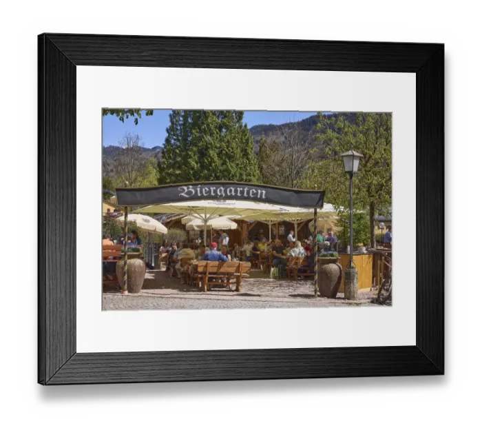 Framed Print : Beer garden, entrance, outdoor area of a restaurant with parasols