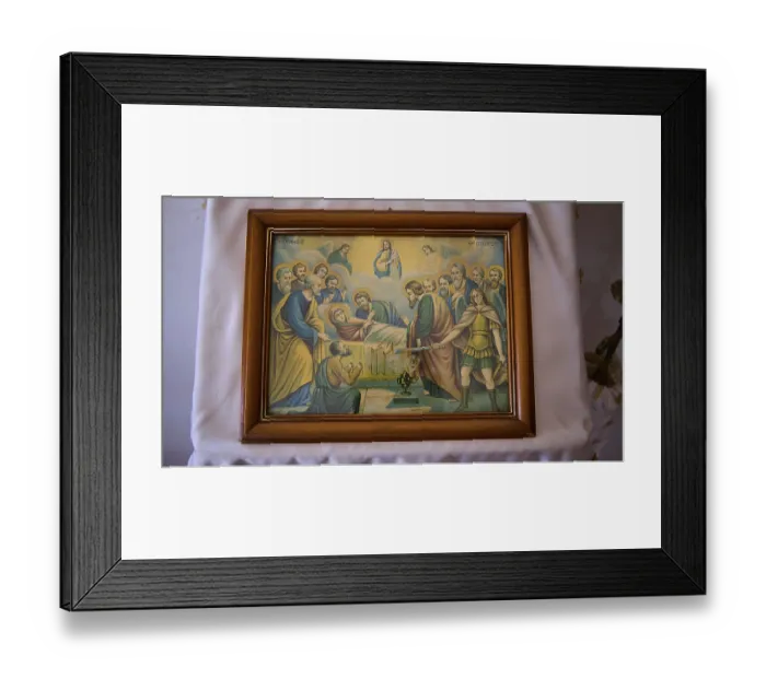 Framed Print : Biblical icon in a wooden frame shows a religious scene with disciples and saints
