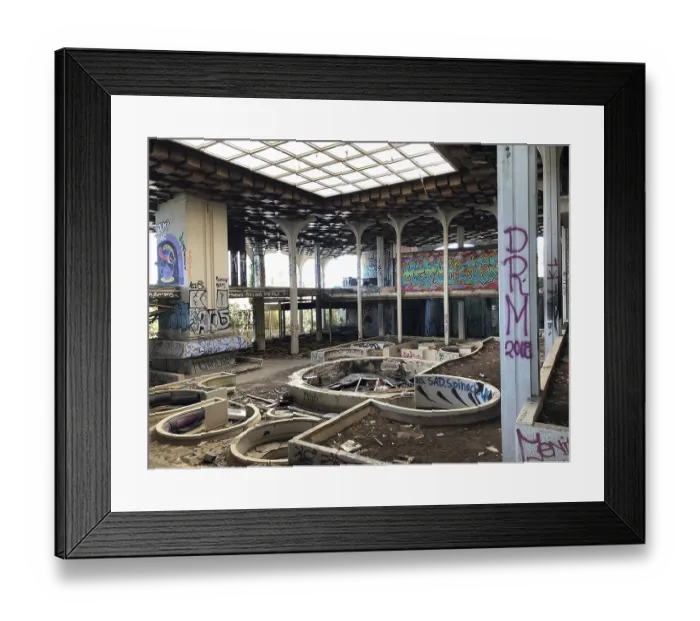 Framed Print : Spacious, abandoned hall with graffiti