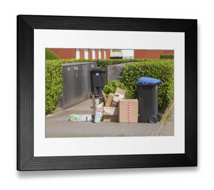 Framed Print : Waste paper and cardboard, Blue bin for waste paper