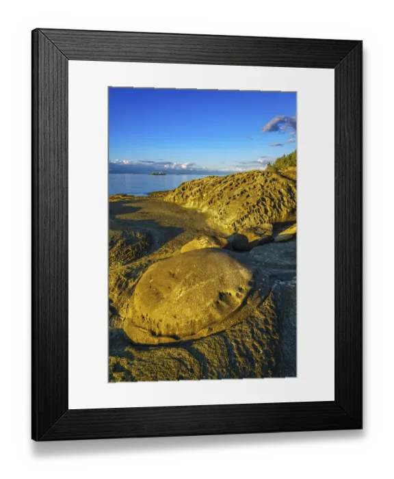 Framed Print : Weathered sandstone rock formations known as tafoni along the northeast shore of Gabriola Island