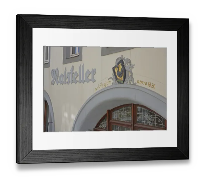 Framed Print : Council cellar with inscription and town coat of arms