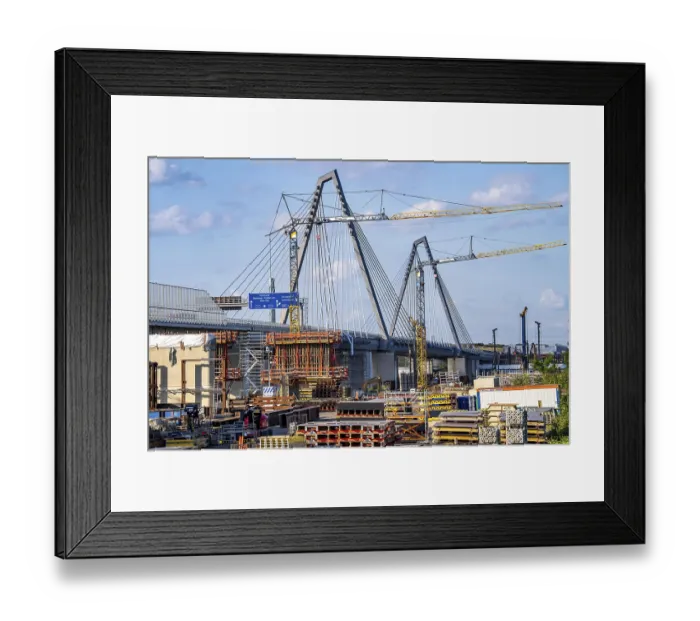 Framed Print : Construction site on the left bank of the Rhine for the new construction of the second motorway bridge of the A1 over