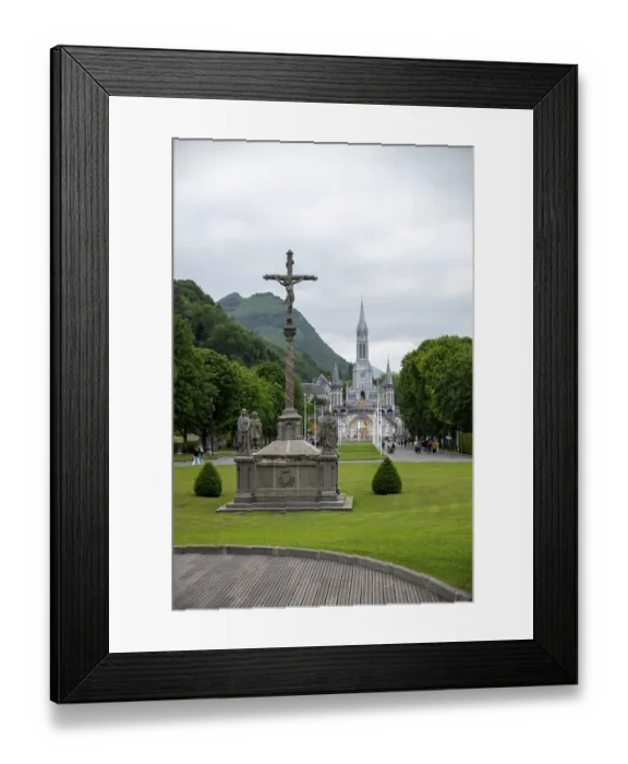 Framed Print : Many pilgrims visiting the Sanctuary of Our Lady of Lourdes on a beautiful spring day