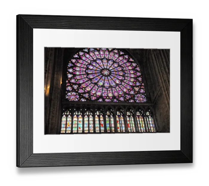 Framed Print : Large stained glass rose window in the Notre Dame with intense colours Framed Print : Large stained glass rose window in the Notre Dame with intense colours