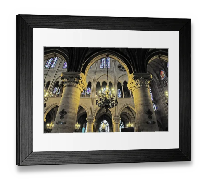 Framed Print : Gothic cathedral with magnificent columned arcades and decorative chandeliers