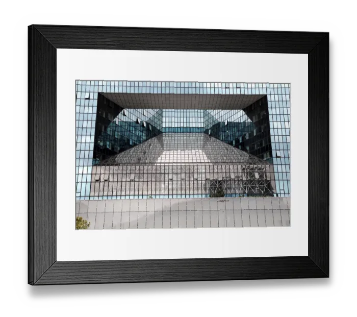 Framed Print : Modern glass architecture with reflective surfaces and geometric shapes in an urban environment