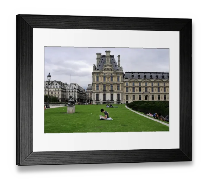 Framed Print : People relaxing on a lawn in front of a historic building in the Louvre complex