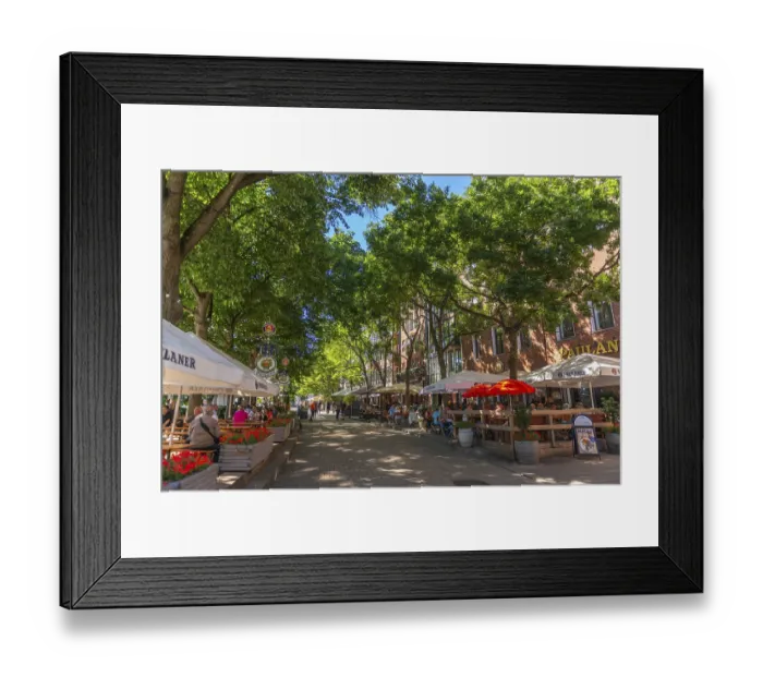 Framed Print : The Schlachte, historic riverside promenade along the Weser with restaurants and cafes in the shade of trees