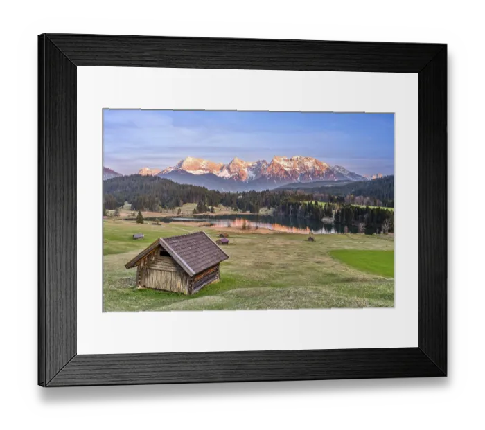 Framed Print : Alpenglow at Geroldsee, lake, hut
