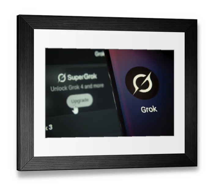 Framed Print : SuperGrok upgrade interface with Grok app prominently displayed on smartphone
