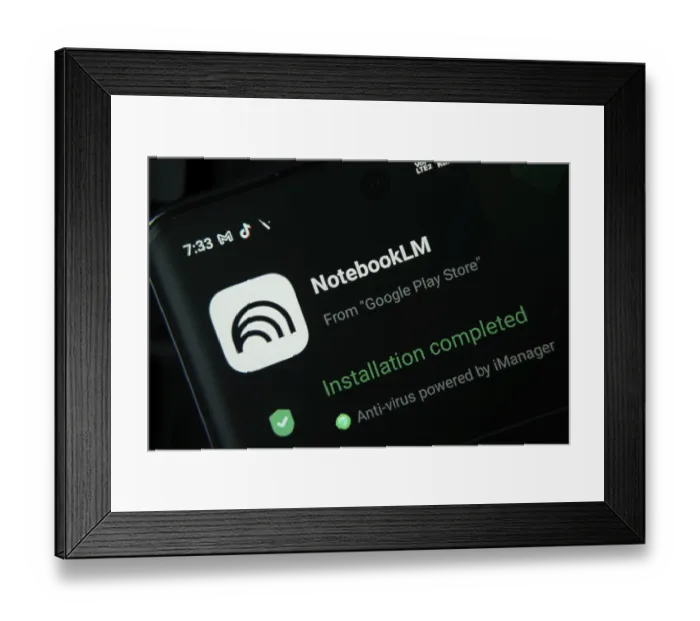 Framed Print : Dhaka, Bangladesh- 27 July 2025: Smartphone screen displaying NotebookLM installation confirmation from the Play Store