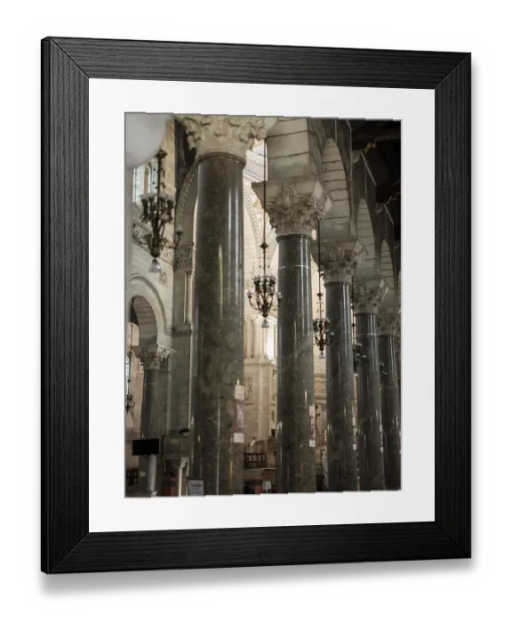 Framed Print : Church interior featuring tall ornate columns and hanging chandeliers in Tours Framed Print : Church interior featuring tall ornate columns and hanging chandeliers in Tours