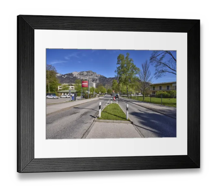 Framed Print : Road, traffic island, trees, lawn
