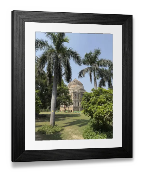 Framed Print : Ancient mausoleum surrounded by palms and trees under a clear sky