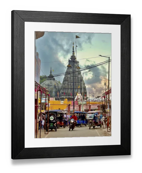 Framed Print : Lively scene with temples in the background and colourful city life Framed Print : Lively scene with temples in the background and colourful city life