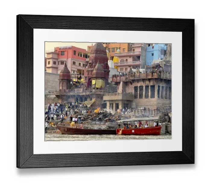 Framed Print : Manikarnika Ghat (cremation site) on the Ganges in Varanasi
