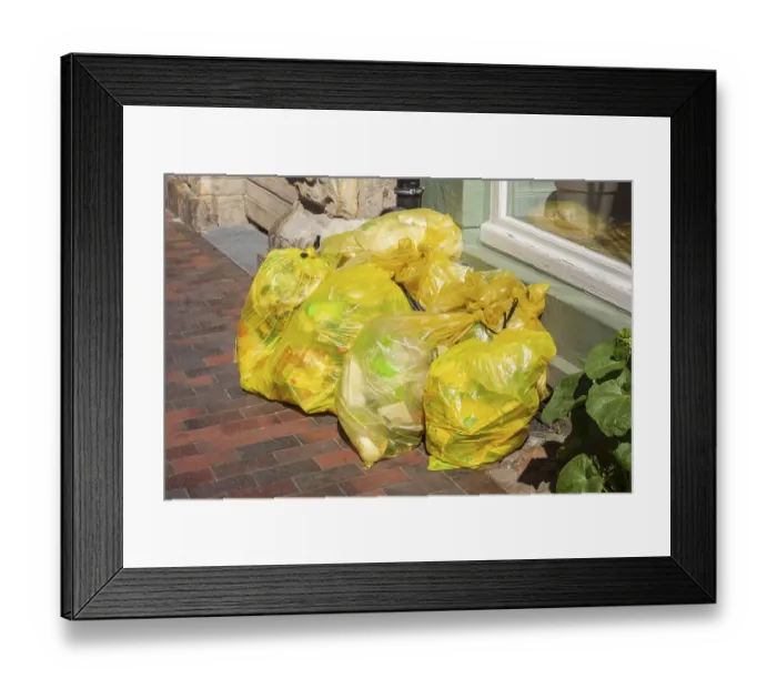 Framed Print : Stacked yellow bags for plastic waste, Germany