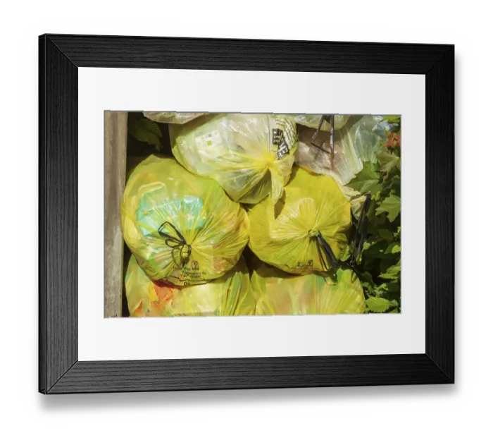 Framed Print : Stacked yellow bags for plastic waste, Germany Framed Print : Stacked yellow bags for plastic waste, Germany