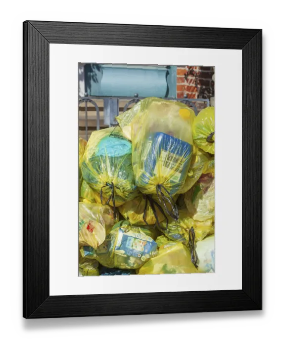 Framed Print : Stacked yellow bags for plastic waste, Germany